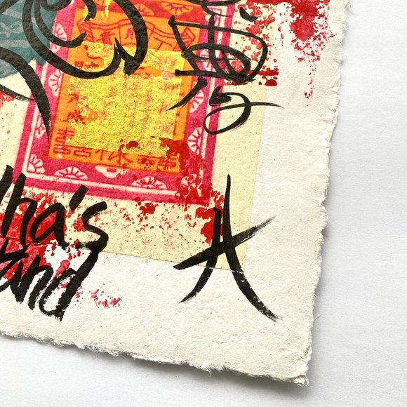 Original Art “Buddha's Hand” Artwork Signed Asian Fusion Collage Painting 9”x12” - Picture 4 of 6